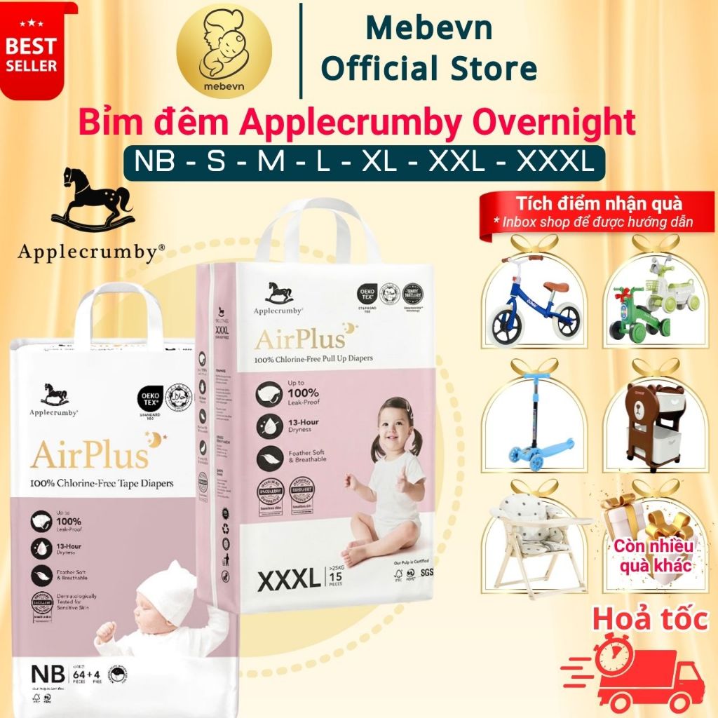 Bỉm đêm Applecrumby Overnight chính hãng, bỉm applecrumby overnight cho bé đủ size NB/S/M/L/XL/XXL