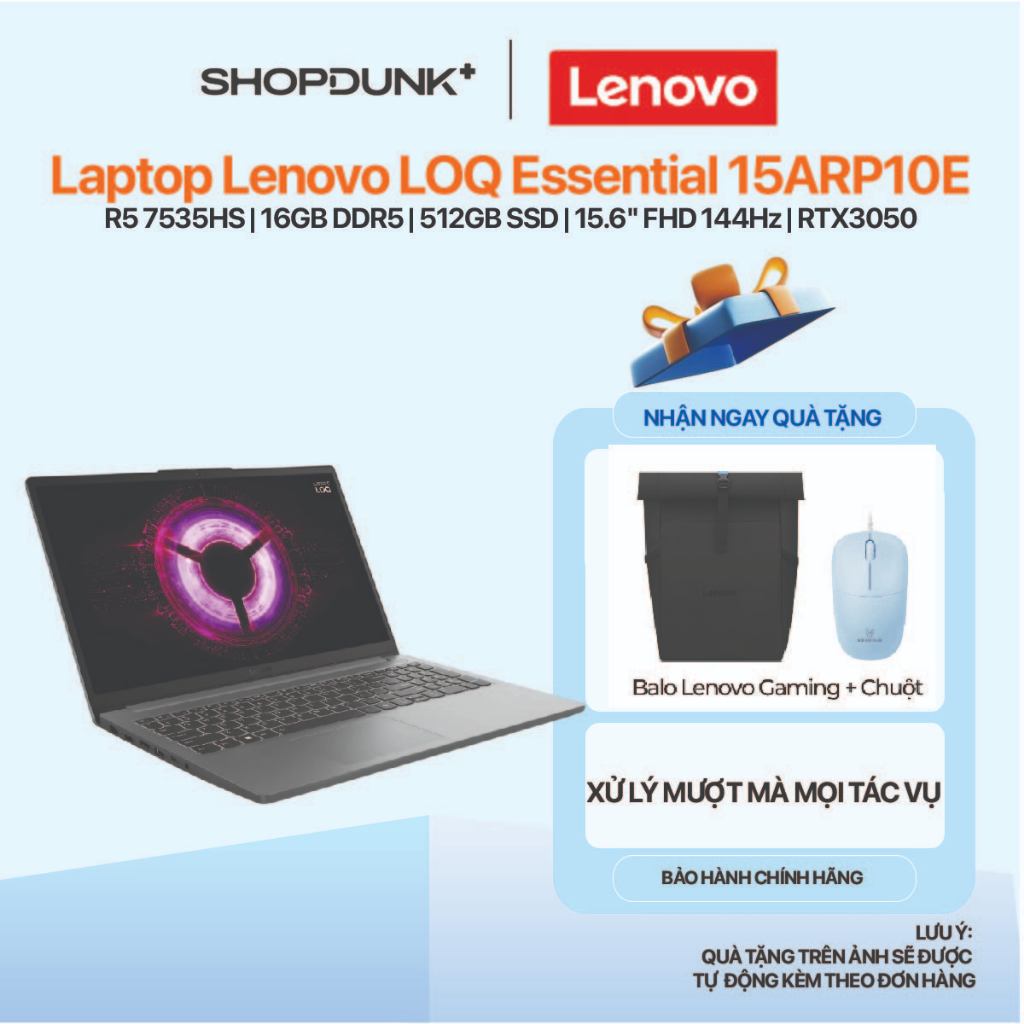 Laptop Lenovo LOQ Essential 15ARP10E (R5 7535HS | 16GB DDR5 | 512GB SSD | 15.6" FHD 144Hz | RTX3050)