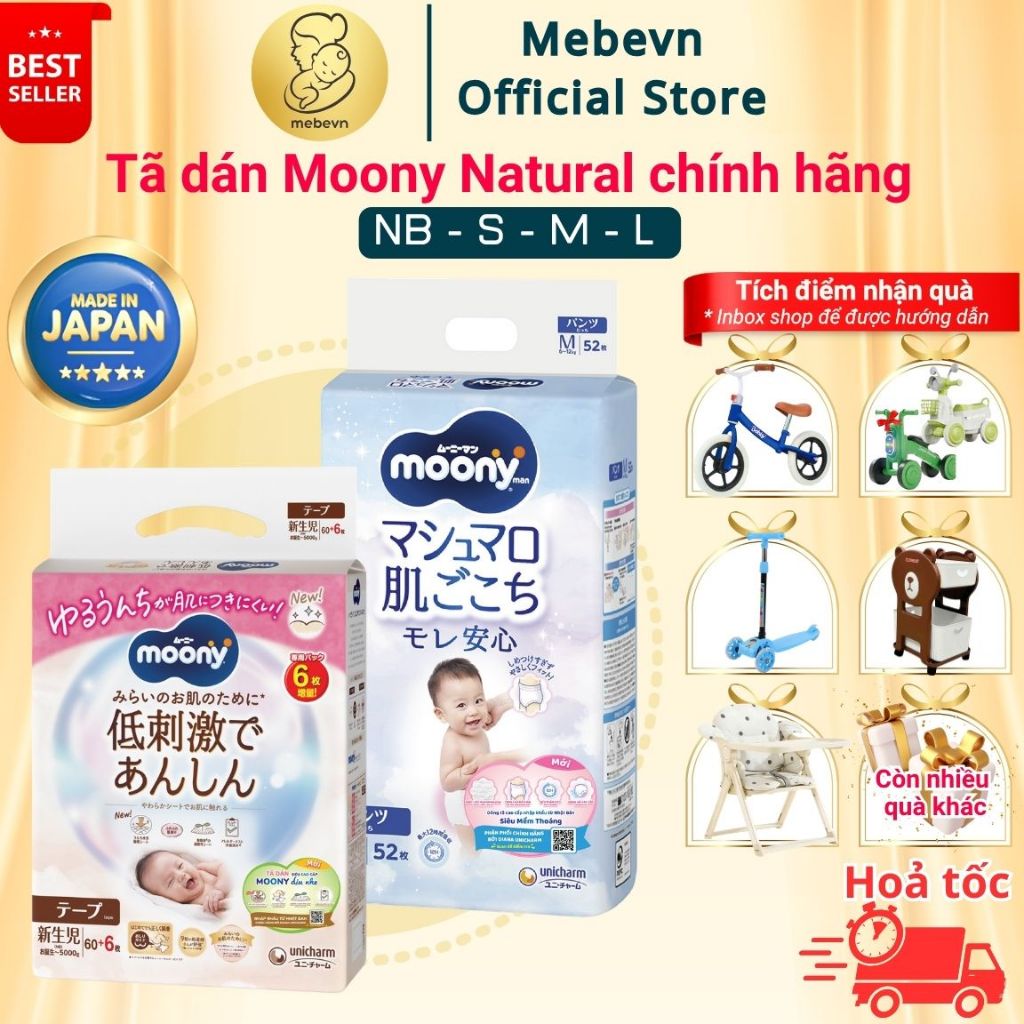 Bỉm moony trắng, bỉm moony natural chính hãng, tã dán moony đủ size NB62/S58/M46