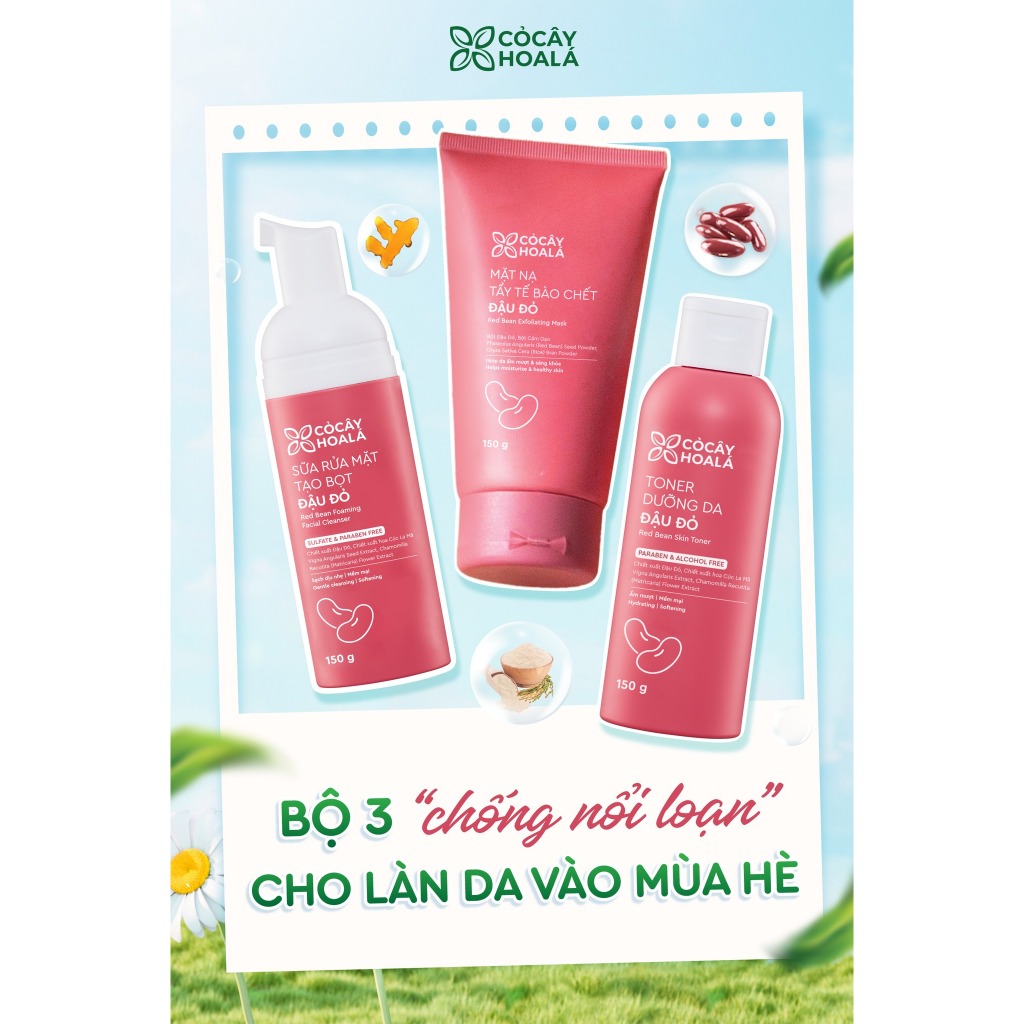 Combo Mặt Nạ Tẩy Tế Bào Chết 2in1, Sữa Rửa Mặt, Toner Đậu Đỏ Hữu Cơ Cỏ Cây Hoa Lá, Cấp Ẩm Dưỡng Da | BigBuy360 - bigbuy360.vn