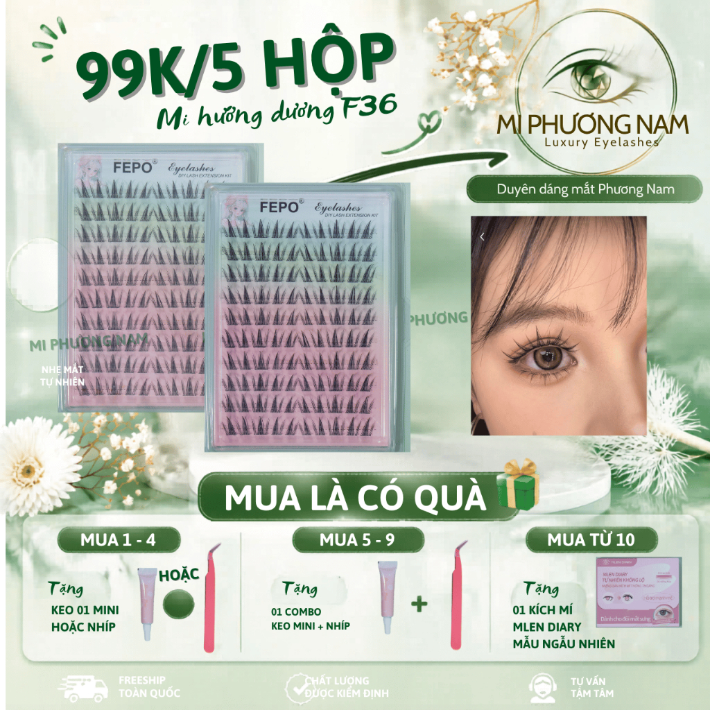 Mi Hướng Dương Sẵn Keo F36 Tự Nhiên - Mi Cụm Dễ Gắn, Mắt To Tròn, 5 Hộp Chỉ 99K + Quà| Mi Phương Nam