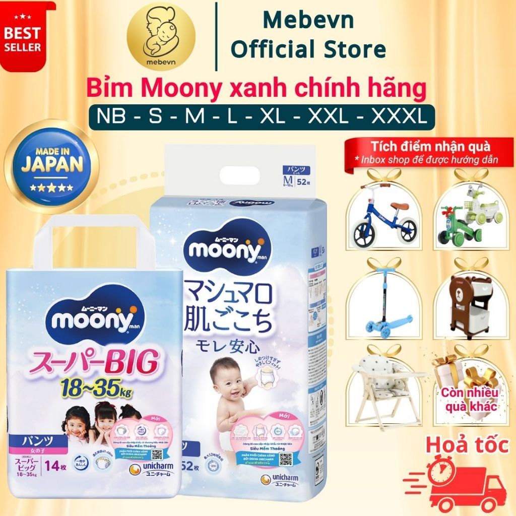 Bỉm Moony Xanh, bỉm moony chính hãng Dán/Quần khô thoáng cả ngày, không lo hăm bí