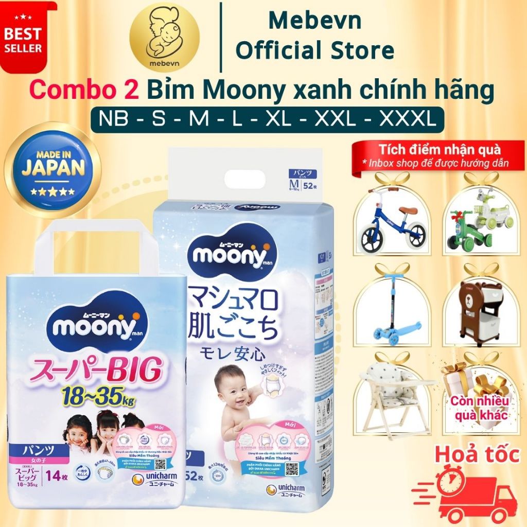 Combo 2 bỉm Moony Xanh, bỉm moony chính hãng Dán/Quần khô thoáng cả ngày, không lo hăm bí