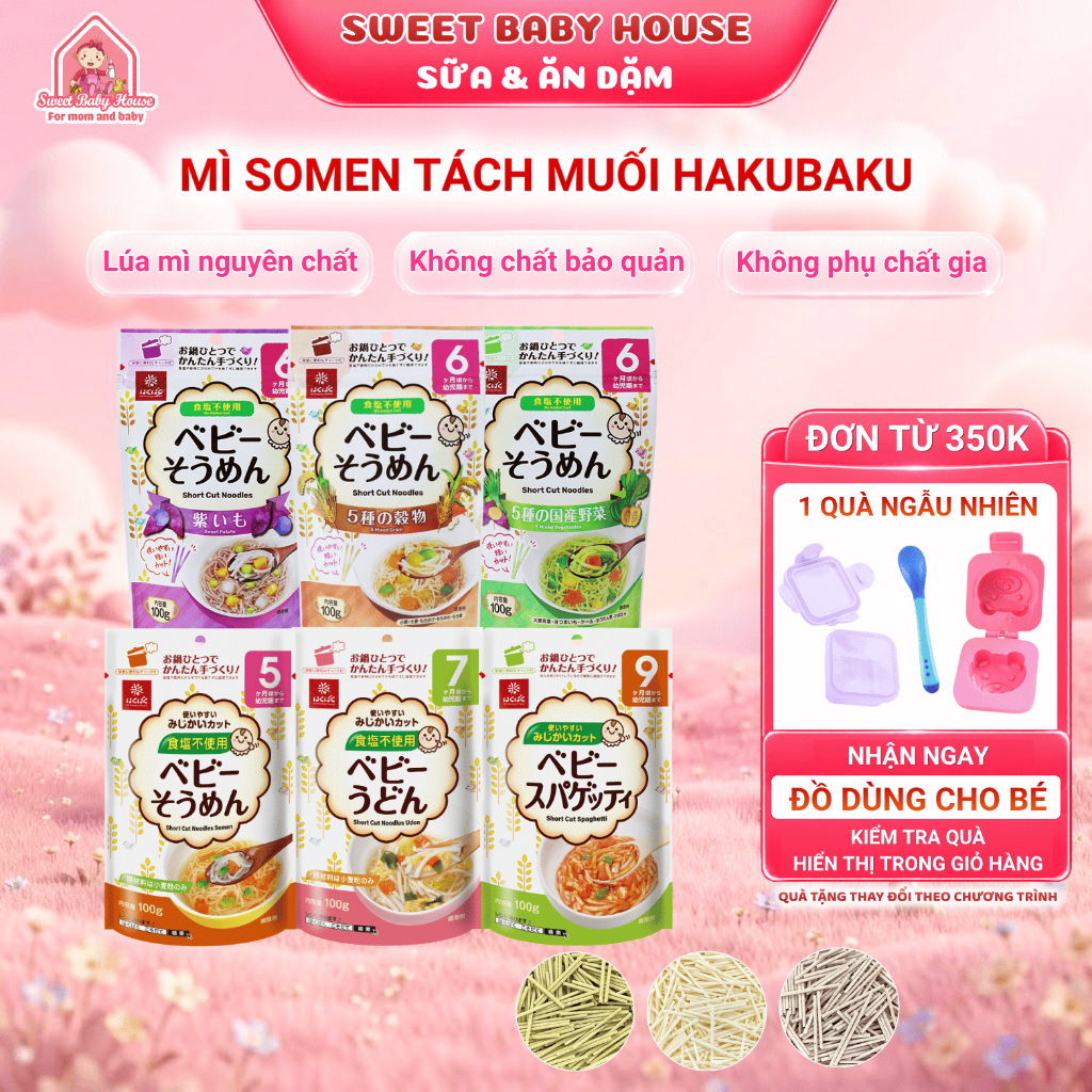 Mì Somen tách muối Hakubaku Nhật cho bé ăn dặm 5 tháng 7 tháng 9 tháng - Sweet Baby House