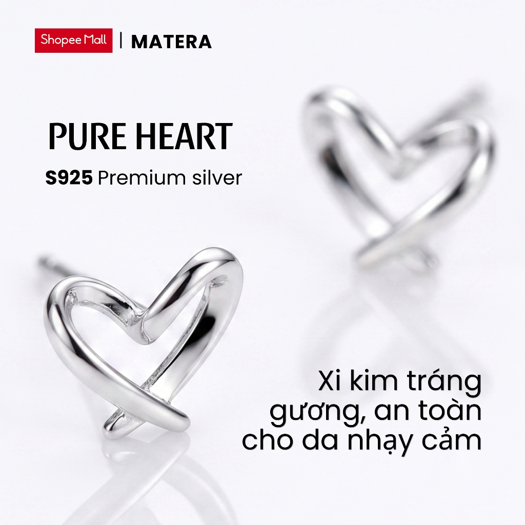 Bông tai trái tim MATERA 𝐏𝐮𝐫𝐞 𝐇𝐞𝐚𝐫𝐭 hoa tai bạc S925 chính hãng thiết kế basic thanh lịch MBT01