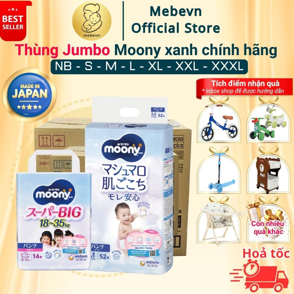 Thùng Jumbo bỉm Moony Xanh, bỉm moony chính hãng Dán/Quần khô thoáng cả ngày, không lo hăm bí