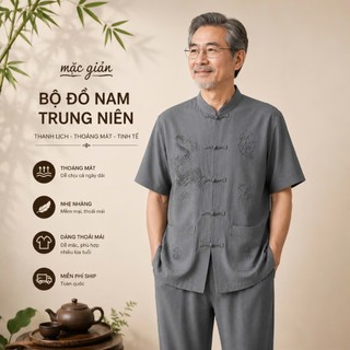 Bộ đồ nam cổ tàu trung niên ngắn tay – Hán phục thêu rồng, vải Đũi mát mịn, trang phục tặng/ông bố