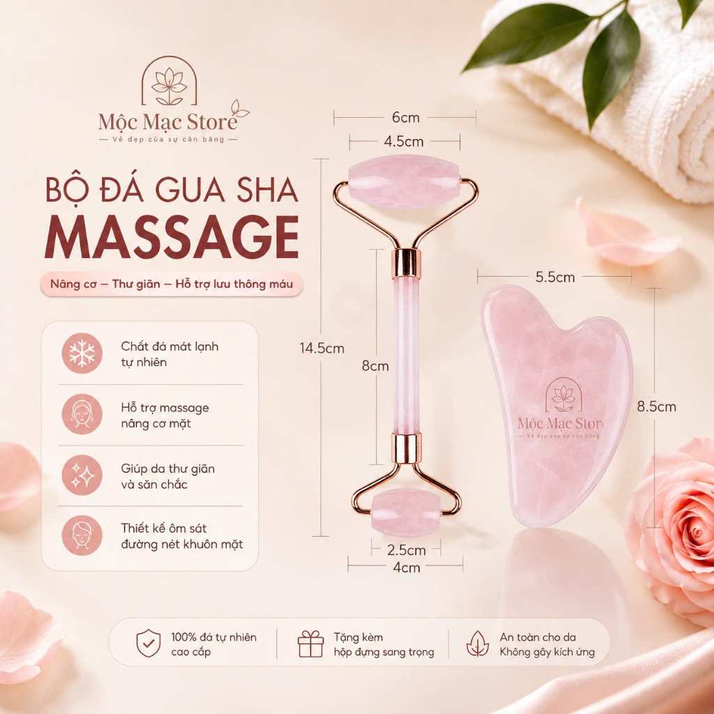 Bộ Thanh Lăn Massage Mặt  & Miếng Guasha Đá Hồng Tự Nhiên