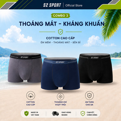 COMBO 3 Quần sịp đùi nam S2 SPORT boxer cotton cao cấp dáng thể thao ôm gọn co giãn - SBX08.CB3