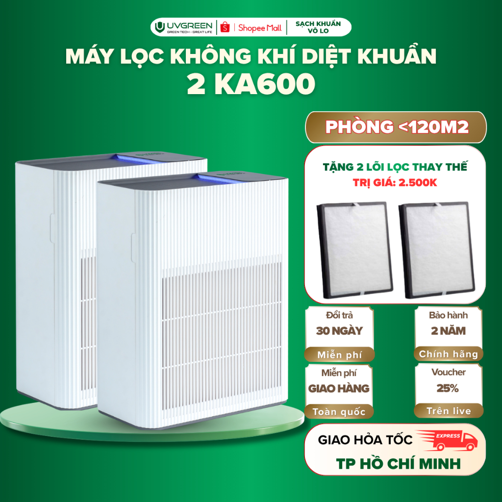 [TẶNG 2 LỌC] Combo 2 Máy Lọc Không Khí Diệt Khuẩn UVC LED UVGREEN KA600 60m2 - Công Nghệ Hiện Đại
