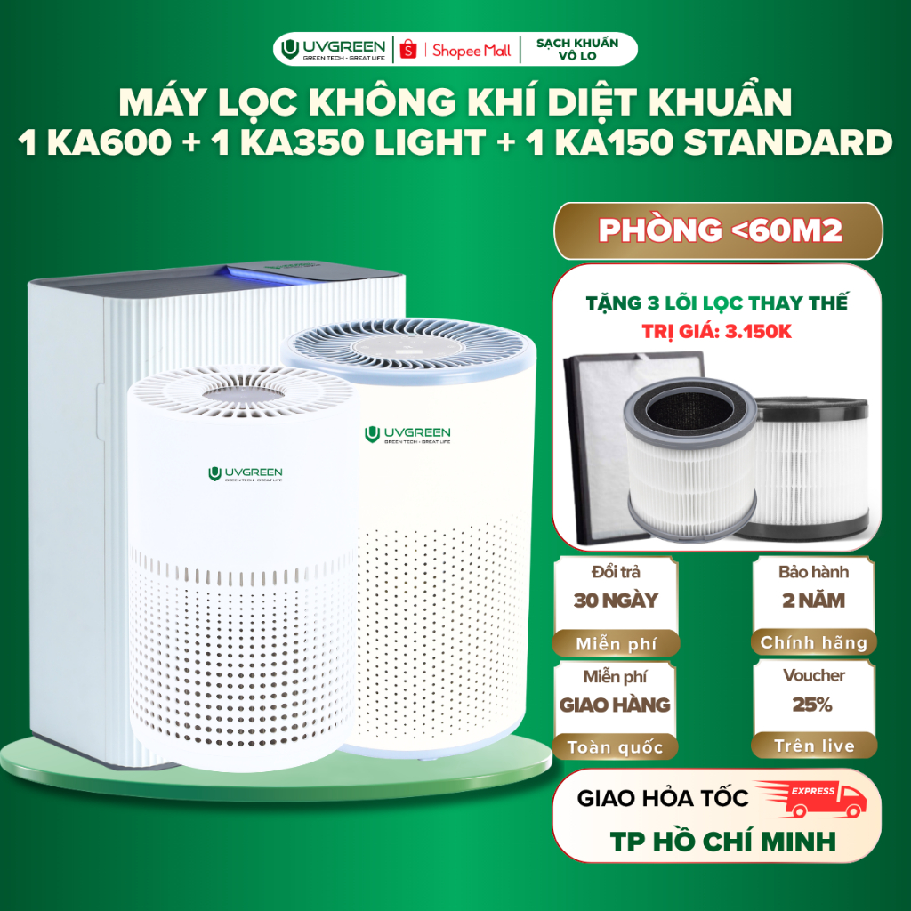 [TẶNG 3 LỌC] Combo 3 Máy Lọc Không Khí Diệt Khuẩn UVGREEN KA600-KA350-KA150, UVC LED & ION Âm