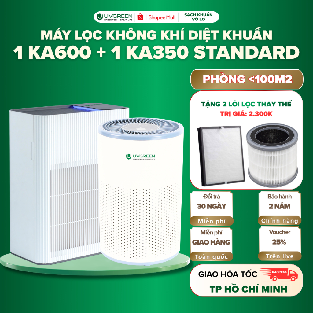 [TẶNG 2 LỌC] Combo Máy Lọc Không Khí Diệt Khuẩn UVGREEN KA600 Và KA350 Standard, UVC LED & ION Âm