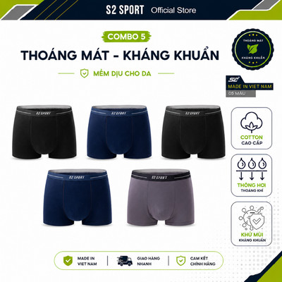 COMBO 5 Quần sịp đùi nam S2 SPORT quần lót cotton dáng boxer thể thao FITFORM 360 co giãn SBX08.CB5