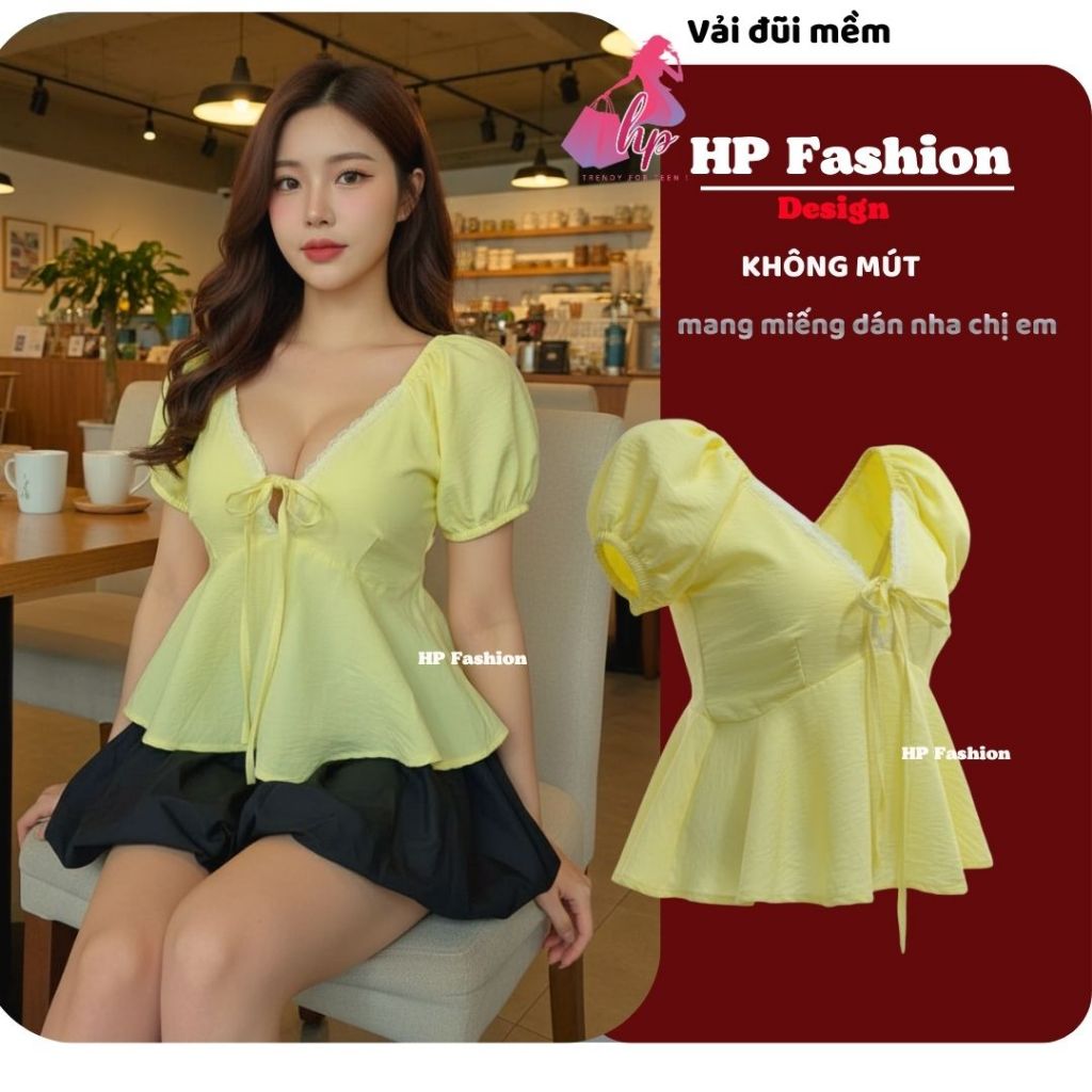 Áo babydoll tay phồng cổ tim khoét sâu phối ren, che bụng dưới , áo kiểu nữ vải đũi mùa hè đi biển size S M L XL   A4 - | BigBuy360 - bigbuy360.vn