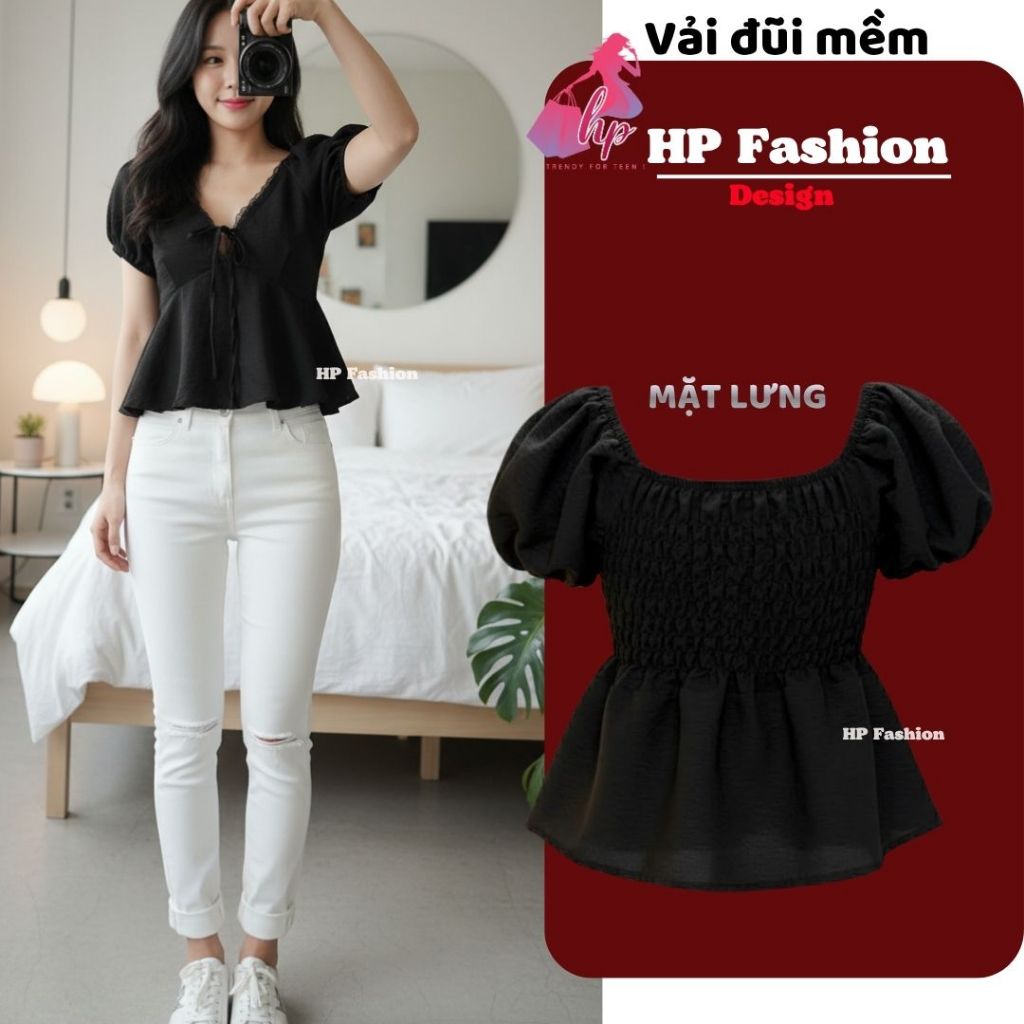 Áo babydoll tay phồng cổ tim khoét sâu phối ren, che bụng dưới , áo kiểu nữ vải đũi mùa hè đi biển size S M L XL   A4 - | BigBuy360 - bigbuy360.vn