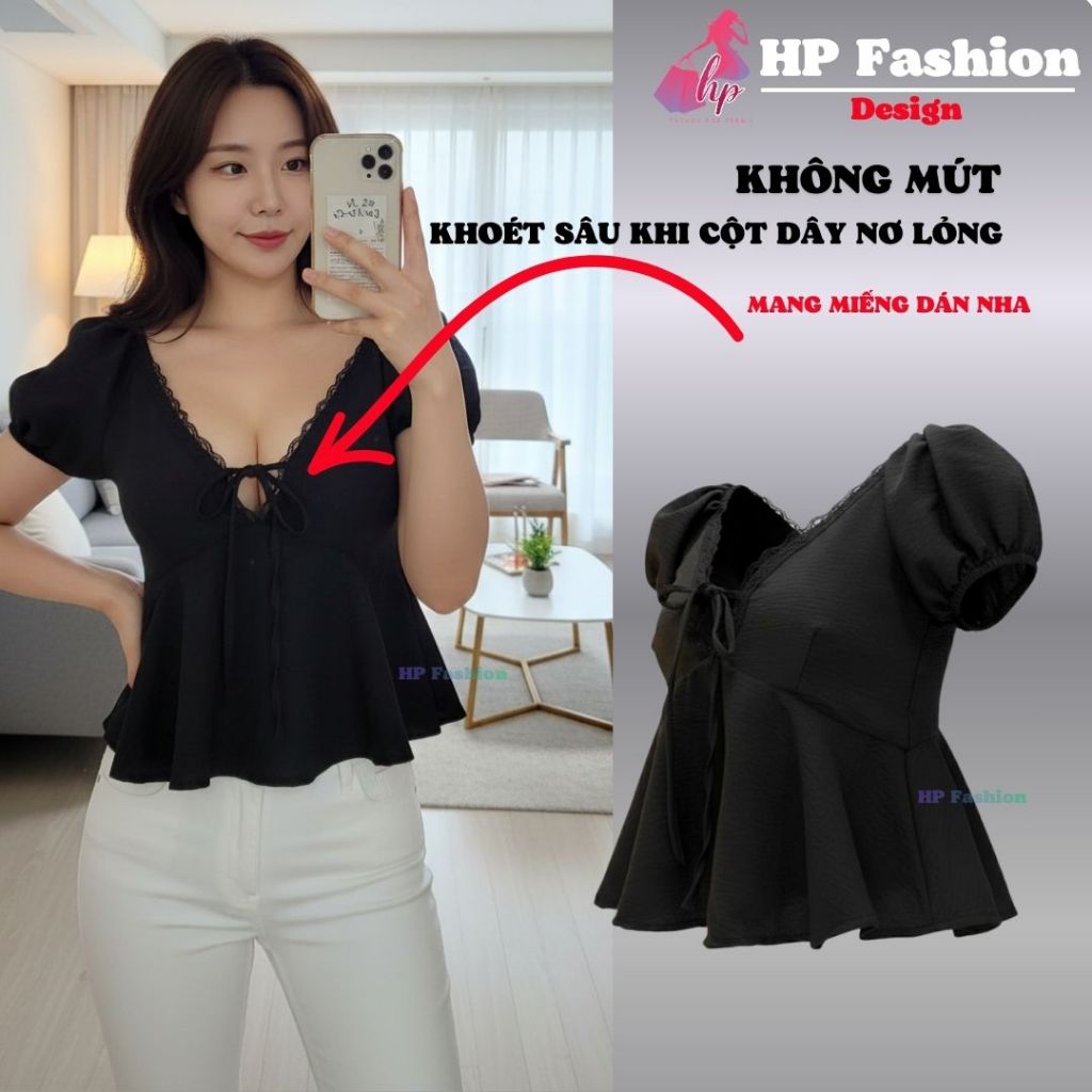 Áo babydoll tay phồng cổ tim khoét sâu phối ren, che bụng dưới , áo kiểu nữ vải đũi mùa hè đi biển size S M L XL   A4 - | BigBuy360 - bigbuy360.vn