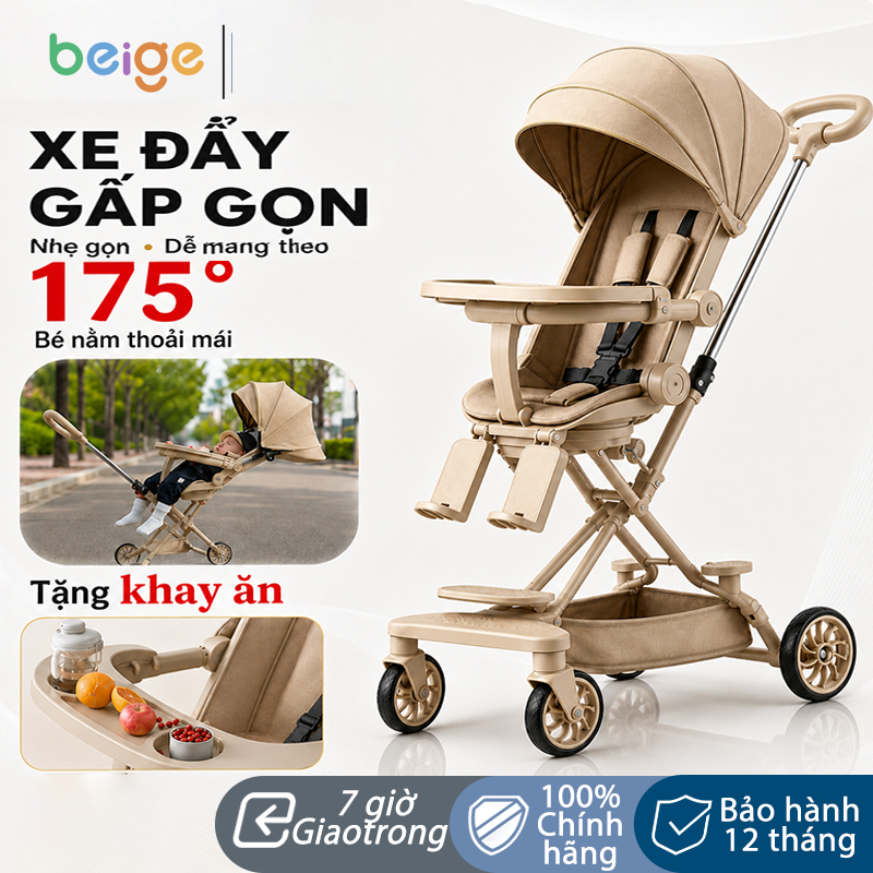 Xe đẩy gấp cho bé BEIGE ,xe đẩy hai chiều Có thể ngồi hoặc nằm, gấp gọn nhẹ Xoay 360 độ, kèm khay ăn