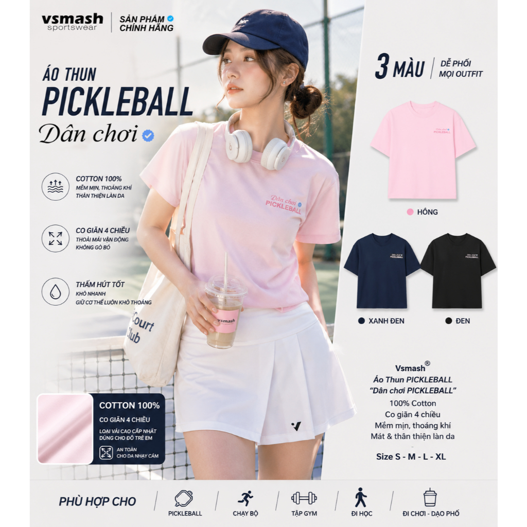 Áo Thun PICKLEBALL Vải Bông Em Bé | VSMASH VN | Họa tiết in "Dân chơi PICKLEBALL" | Sợi Nhập |  Mềm 