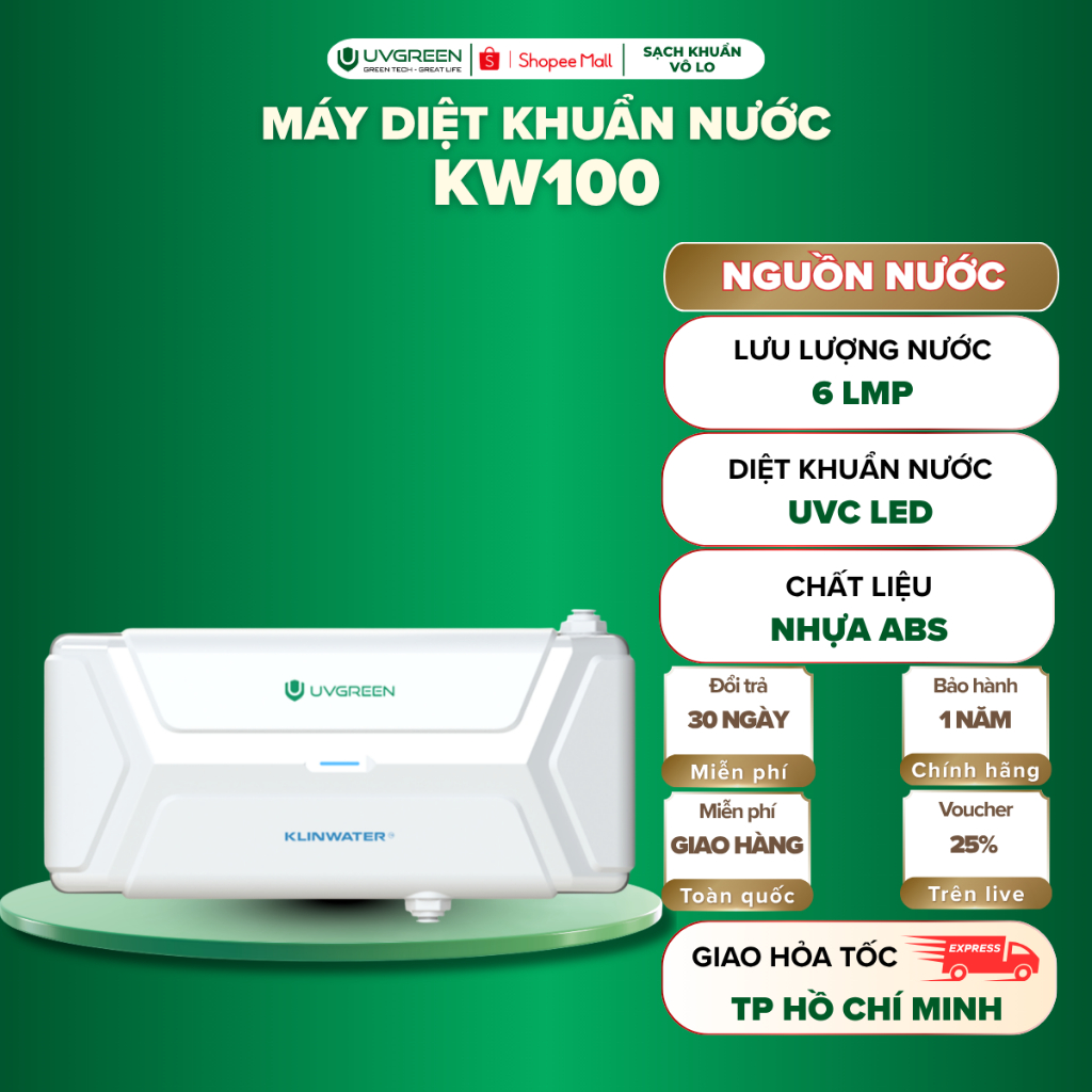 Máy Diệt Vi Khuẩn Nước Uống Sinh Hoạt UVGREEN KW100 UVC LED Diệt Khuẩn Trực Tiếp, Dễ Lắp Đặt, BH 12T