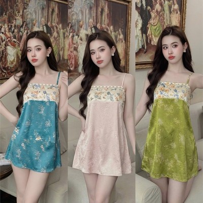 Đầm Ngủ Lụa Gấm Váy Ngủ Đầm Mặc nhà Đồ Mặc Nhà Gấm Set Bộ Gấm Mặc Nhà Cao cấp MD92