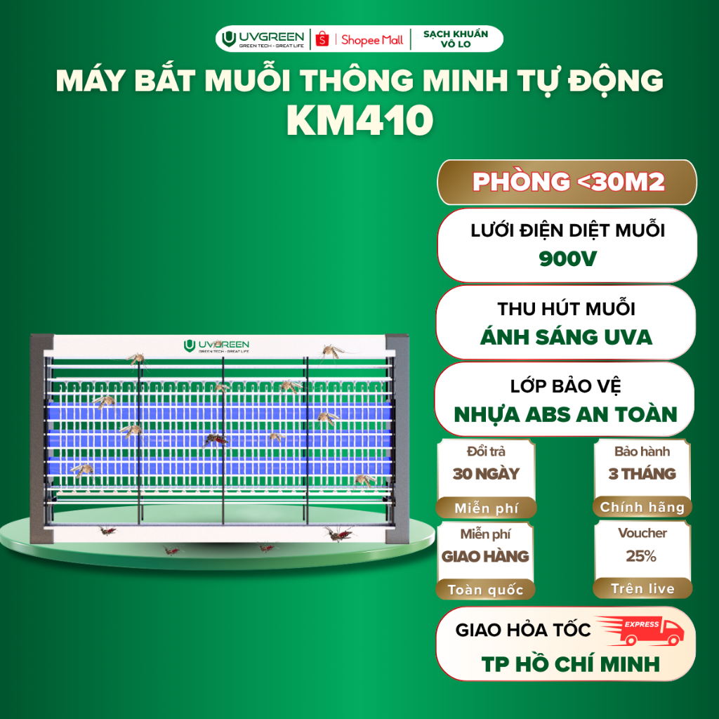 Máy Bắt Muỗi Tự Động UVGREEN KM410, Công Suất 8W, Tiết Kiệm Điện, UVA Led Thu Hút Muỗi, Bảo Hành 3T