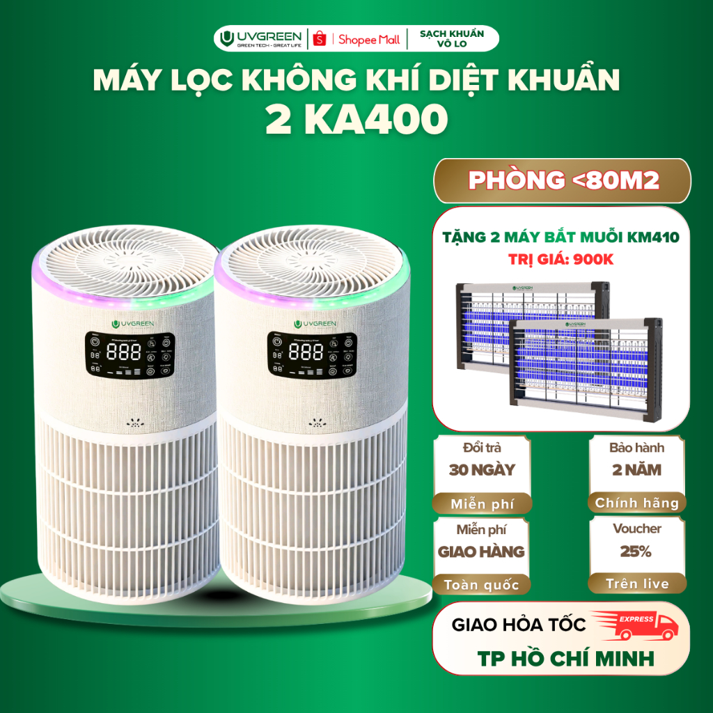 [TẶNG 2 BẮT MUỖI] Combo 2 Máy Lọc Không Khí UVGREEN KA400, UVC LED & Ion Âm Diệt Khuẩn, Lọc Lông Thú
