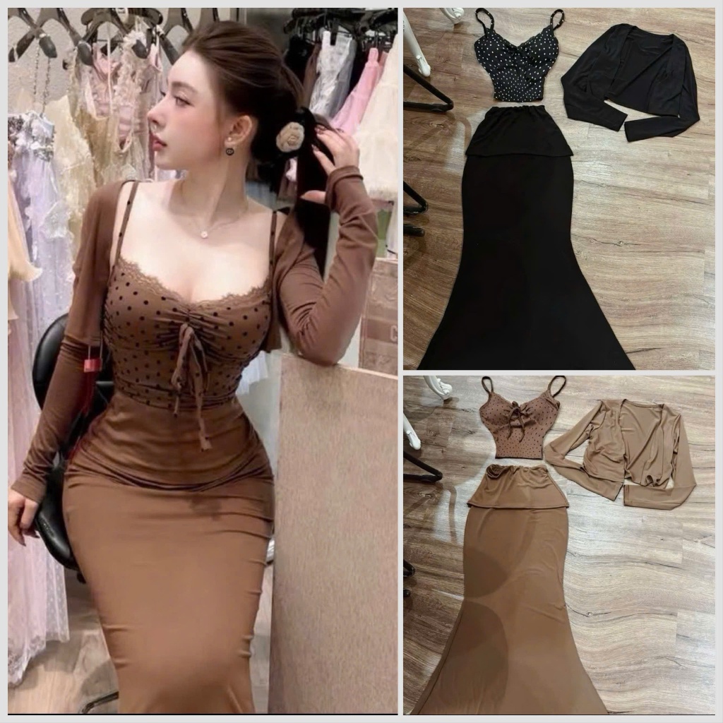 Set Áo Body Nữ 2 Dây Thiết Kế Chấm Bi LONACO GL539, Phối Chân Váy Thiết Kế Đuôi Cá Ôm Body Kèm Áo | BigBuy360 - bigbuy360.vn