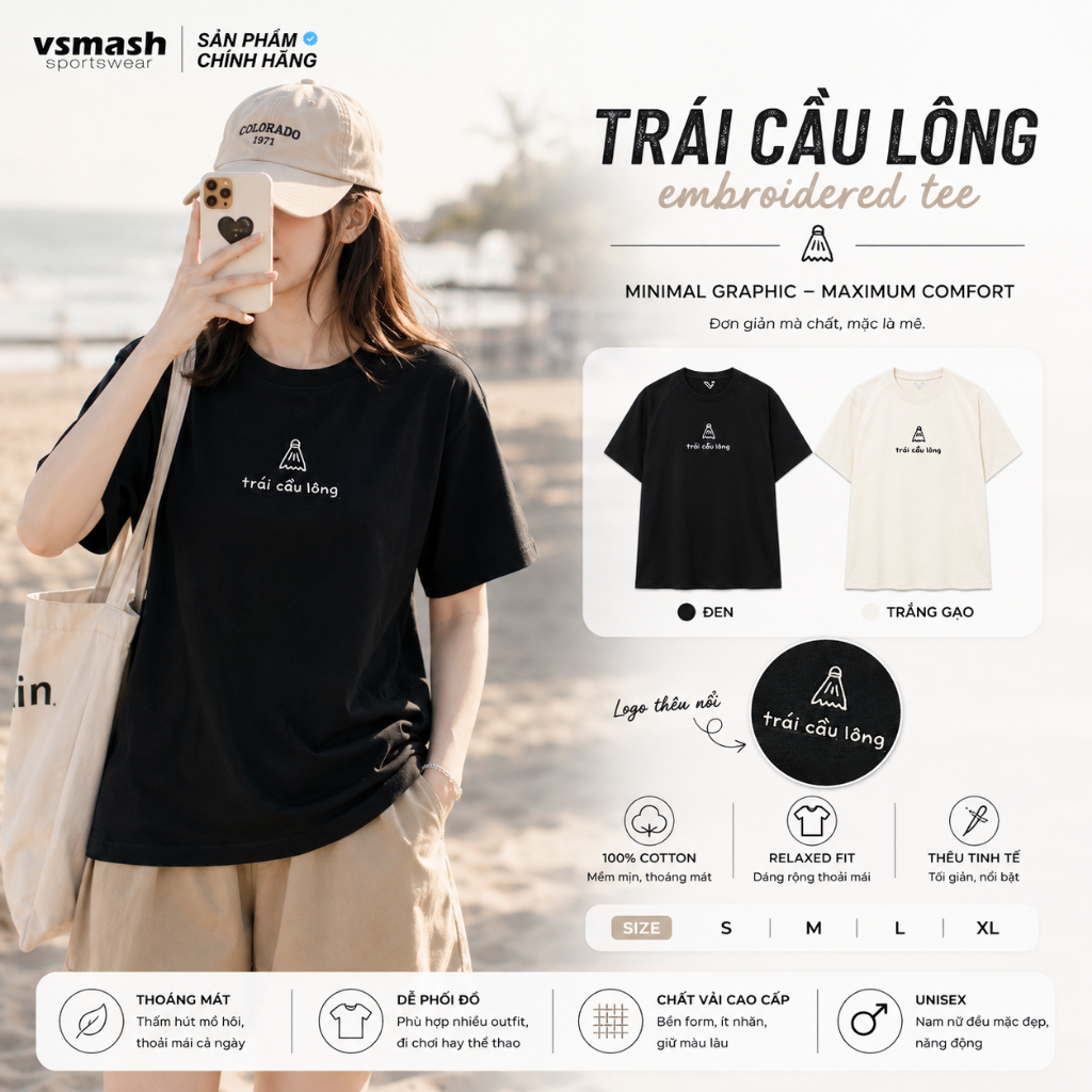 Áo Thun Cầu Lông Nam Nữ Vsmash Sportwear – Thêu "TRÁI CẦU LÔNG" – Vải Bông Em Bé Mềm Mịn, Thoáng Mát