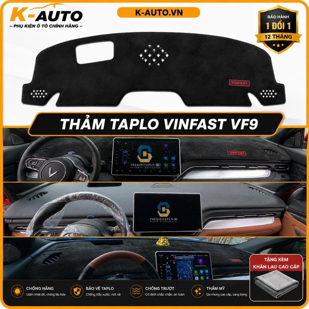 [Vinfast Vf9 Plus] Thảm taplo ô tô da cacbon,da vân gỗ,và tuyết nhung 3 lớp dày 1cm chống nắng cao c