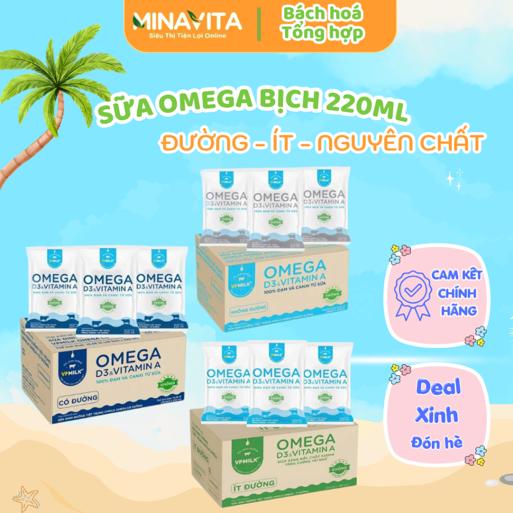 Thùng 48 hộp Sữa dinh dưỡng tiệt trùng VPMilk Omega bịch 220ml (TẶNG KHĂN ƯỚT)