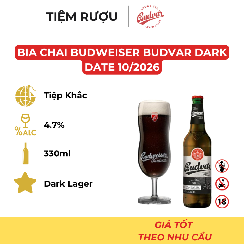 Bia Budweiser Budvar Dark Lager 4,7%, Chai 330ml, Date 10/2026 - Dòng Bia Truyền Thống Của Budweiser