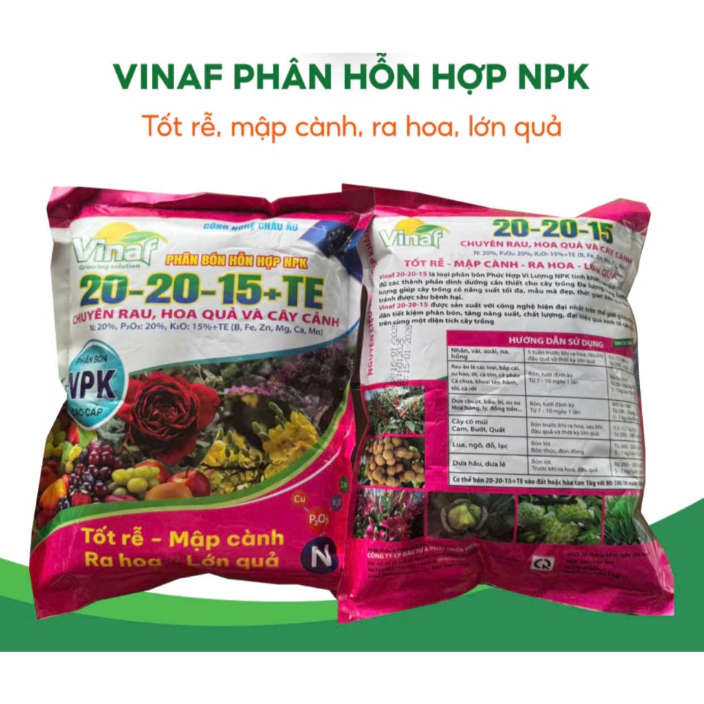 phân bón npk 20-20-15+te .npk 20-20-15+te túi 1kg vifar tăng trưởng mạnh rễ khỏe ra hoa nhiều