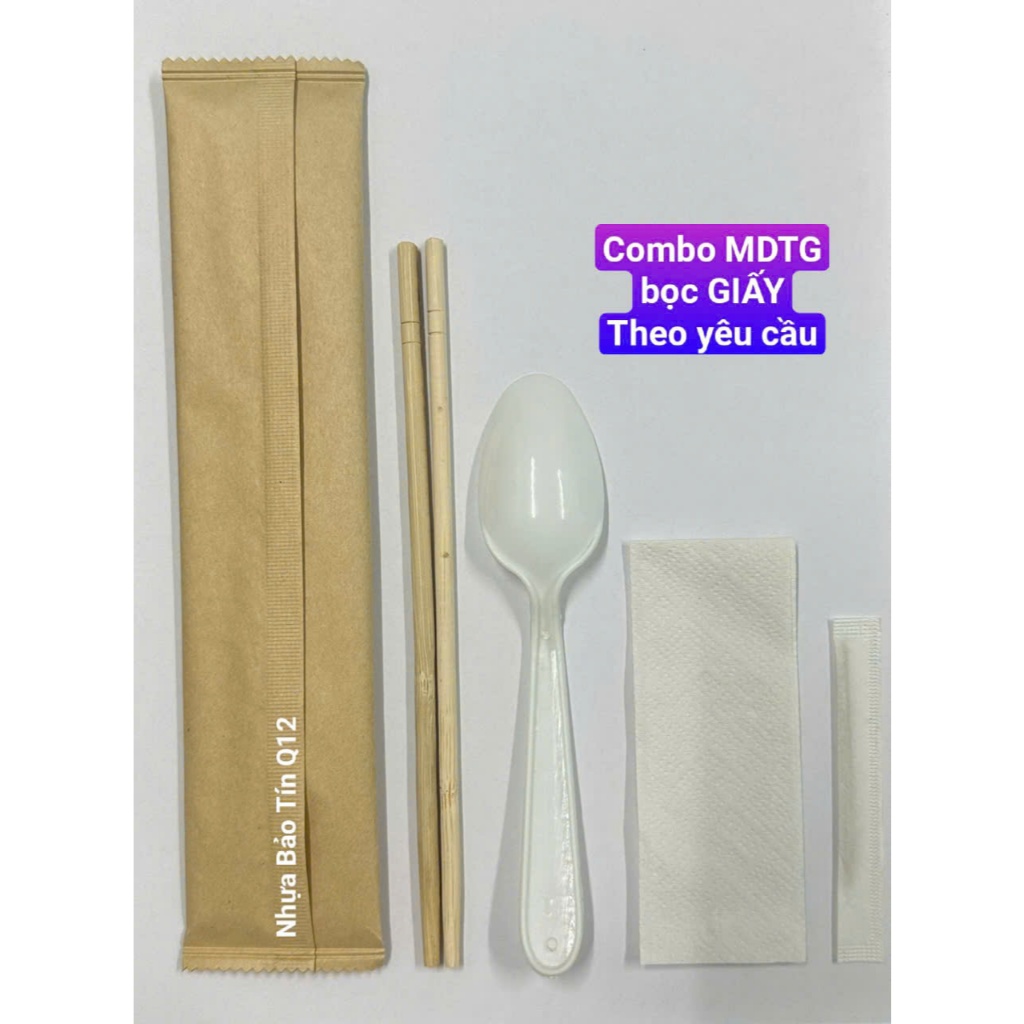 Combo 100 Bộ Đũa Muỗng Tăm Giấy. Nhận đặt bọc giấy theo yêu cầu