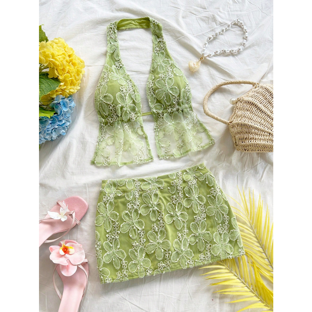 Set Áo Yếm Ren Crochet & Chân Váy Mini Boho Đi Biển Nữ – Bộ 2 Món Vintage Resort Style Sexy Summer