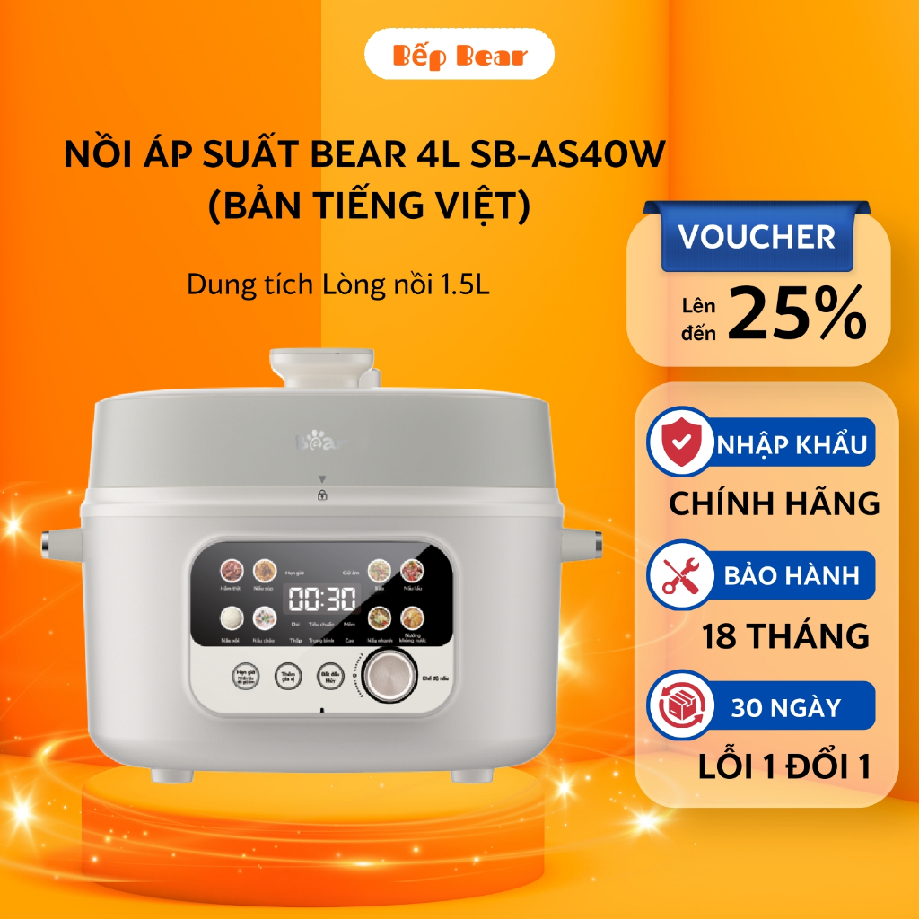 Nồi Áp Suất Điện Đa Năng 4L Bear Nồi Ninh Xương, Hầm Gà, Nấu Cháo SB-AS40W - HÀNG CHÍNH HÃNG
