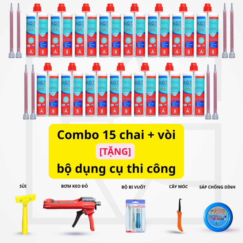 COMBO 15 CHAI KEO CHÀ RON KGT VÀ BỘ DỤNG CỤ THI CÔNG - KEO CHÀ RON KGT 27 MÃ MÀU (Keo GLUE A+B)