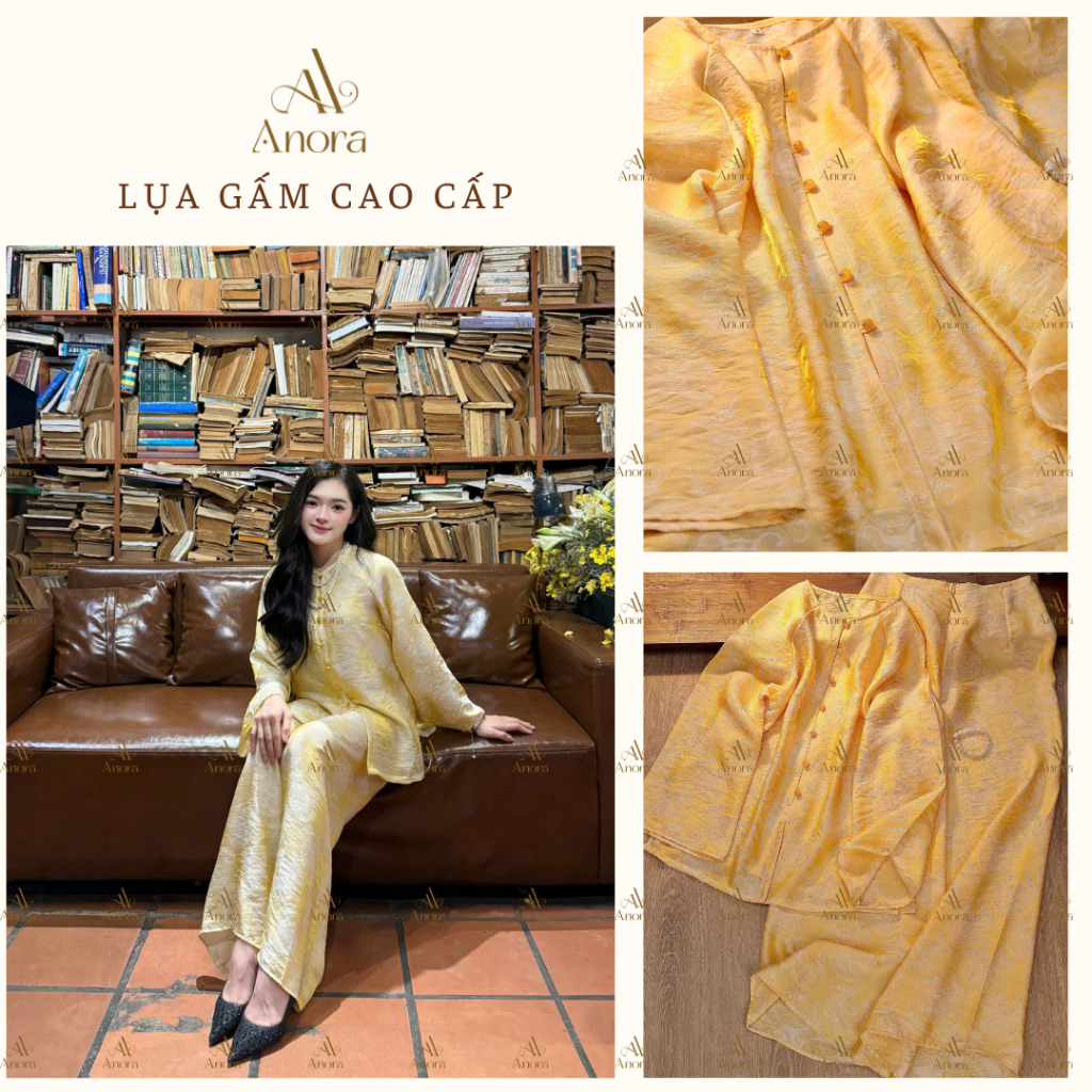 Set đồ pháp phục, đồ lam màu vàng tơ lụa ánh kim cao cấp, sang chảnh dáng suông rộng đi lễ, đi chơi 