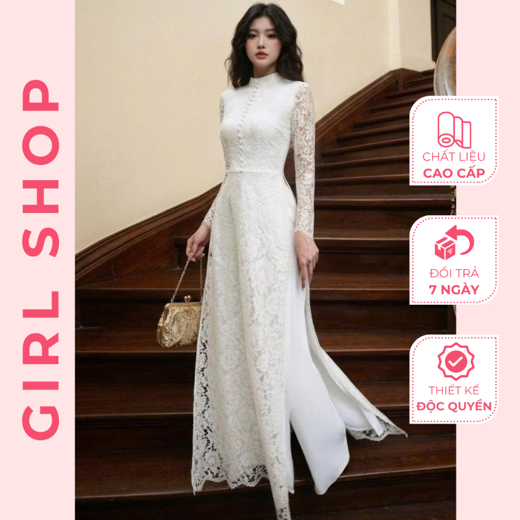 Set Áo Dài Ren Diệc Phi Thiết Kế Cao Cấp Dáng Suông 4 Tà Cổ Cao Sang Trọng Thanh Lịch GIRLSHOP