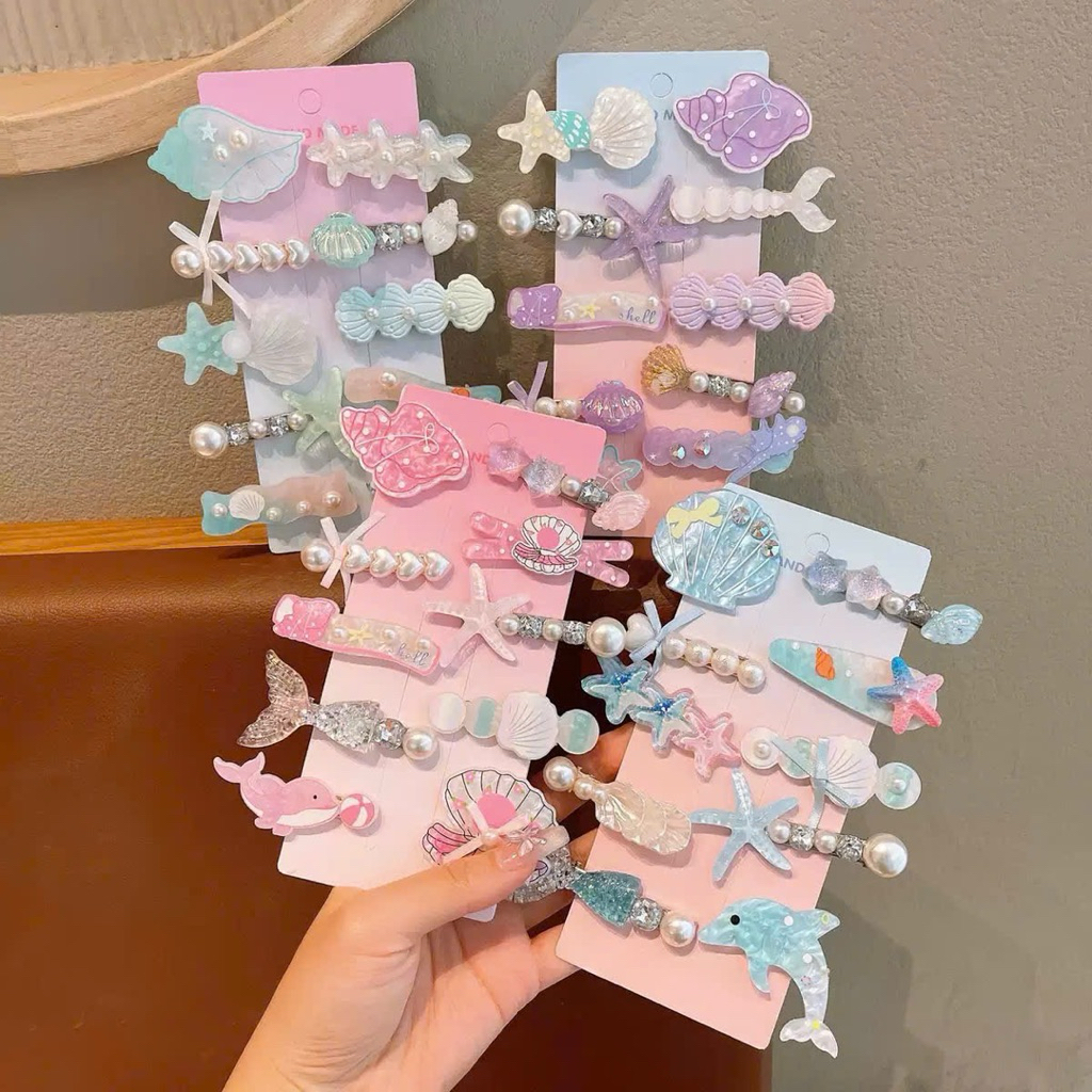 [ MÙA HÈ ĐI BIỂN] Set 10 Kẹp Tóc Bé Gái Chủ Đề Đại Dương Xinh Xắn – Kẹp Sao Biển Vỏ Sò Cá Heo Ngọt N