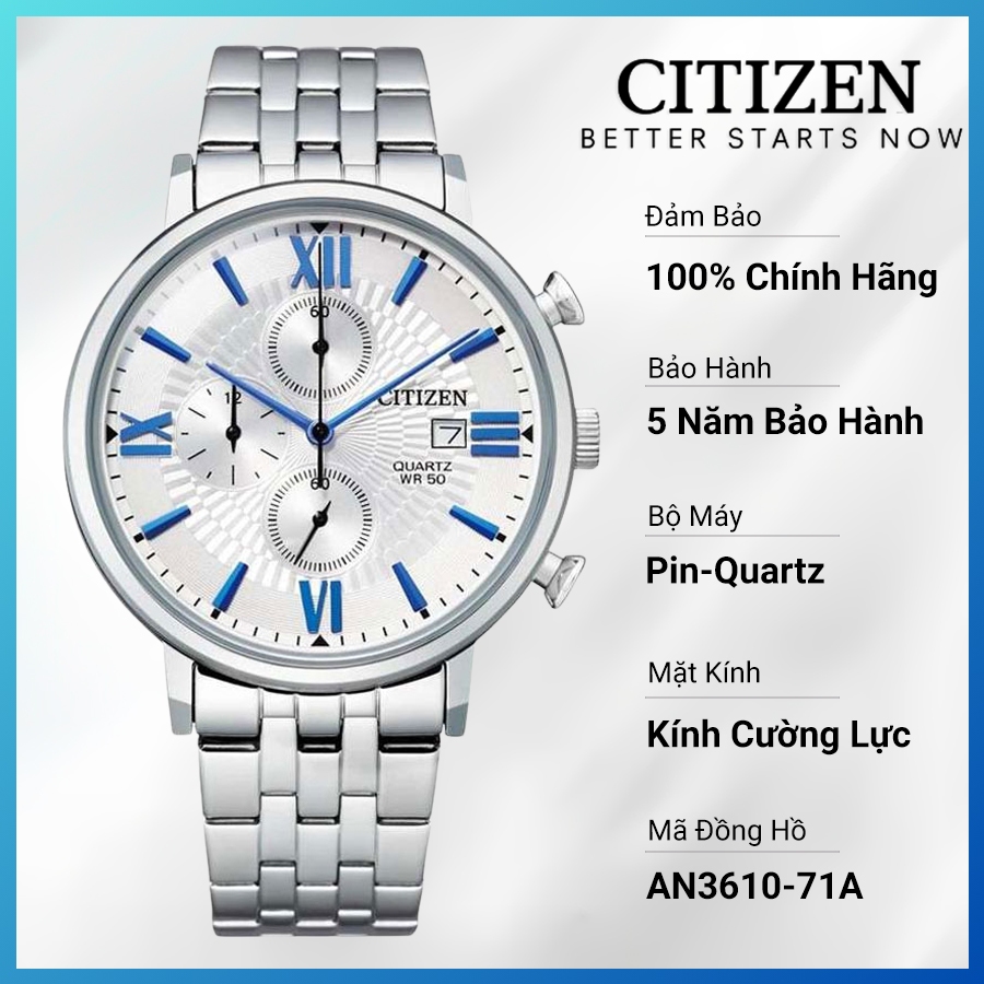 Đồng Hồ Nam Citizen Pin-Quartz Dây Thép Không Gỉ AN3610-71A - Mặt Trắng (41mm)