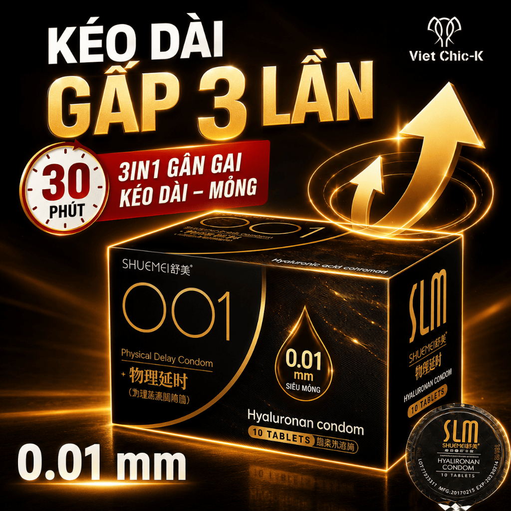 Bao cao su gân gai kéo dài SLM siêu mỏng 001mm , nhiều gel bôi trơn Hộp 10 bcs
