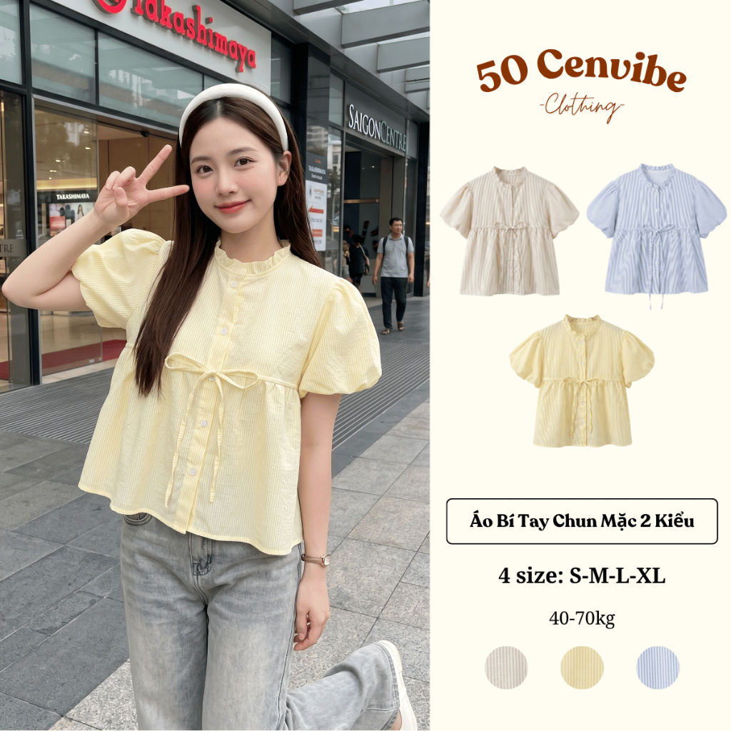 Áo Babydoll Nữ Tay Bèo Cổ Nhún Buộc Nơ Form Xinh Phong Cách Ulzzang (50 Cenvibe.Clothing) #373