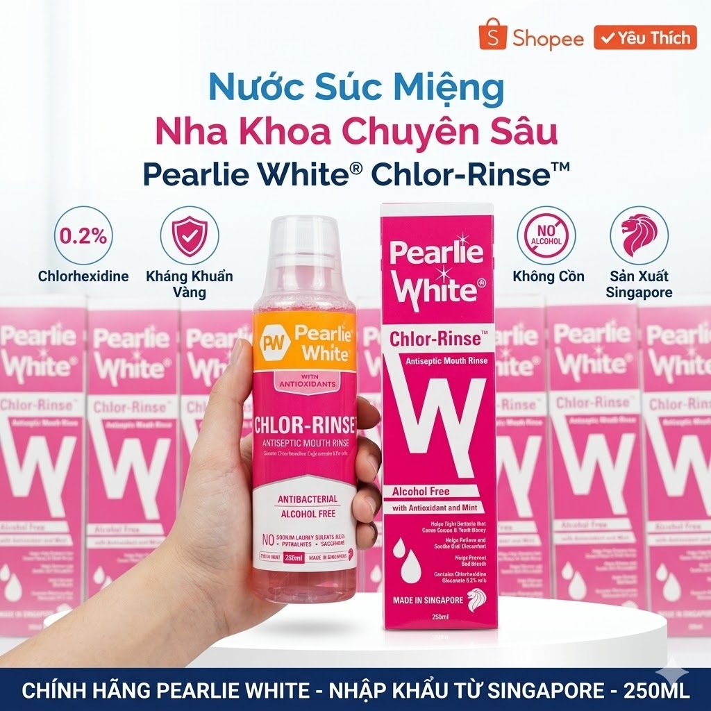 Nước Súc Miệng Nha Khoa Pearlie White Chlor-Rinse 0.2% Chlorhexidine Giảm Viêm Nướu (250ml)