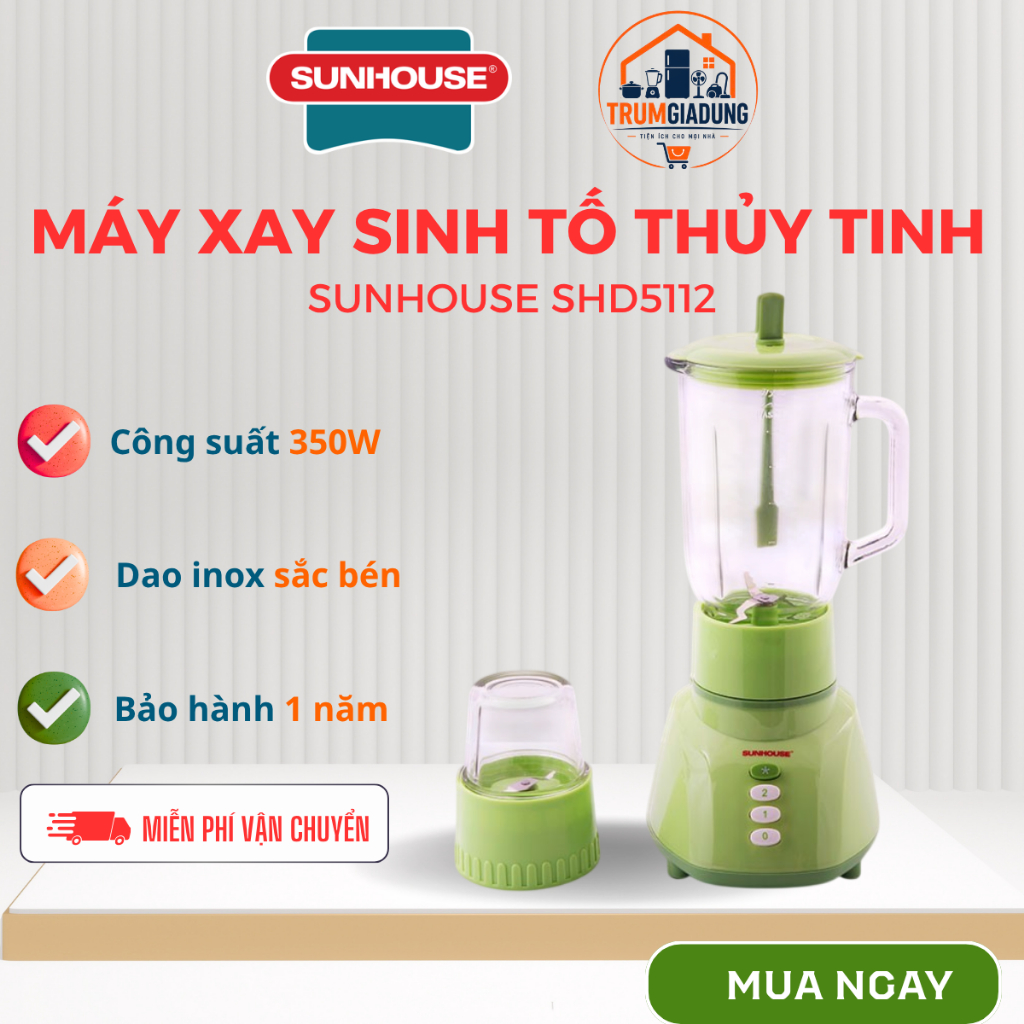 Máy xay sinh tố thủy tinh Sunhouse SHD5112, cối xay sinh tố và đồ khô, dễ vệ sinh, bảo hành 12 tháng