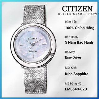 Đồng hồ nữ citizen eco-drive đính kim cương dây thép không gỉ em0640-82d - mặt xà cừ