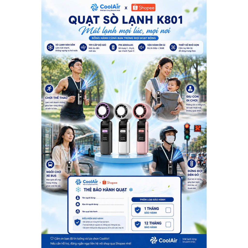 Quạt Cầm Tay Mini K801, 200 Cấp Độ Gió, Gấp Gọn 90°, Màn Hình LED | BigBuy360 - bigbuy360.vn