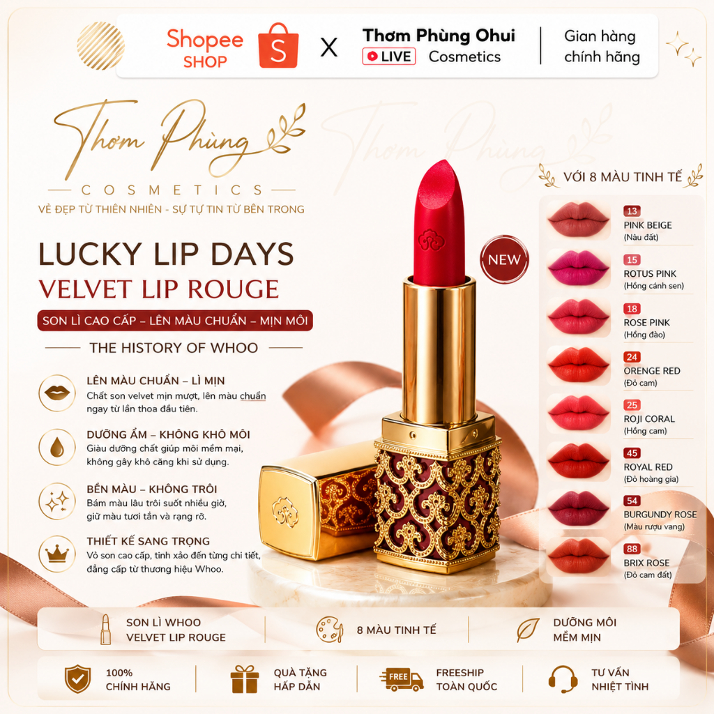 Son Whoo Velvet Lip Rouge - SON WHOO HOÀNG CUNG CHUẨN LÌ SIÊU ĐẸP MẪU MỚI NHẤT