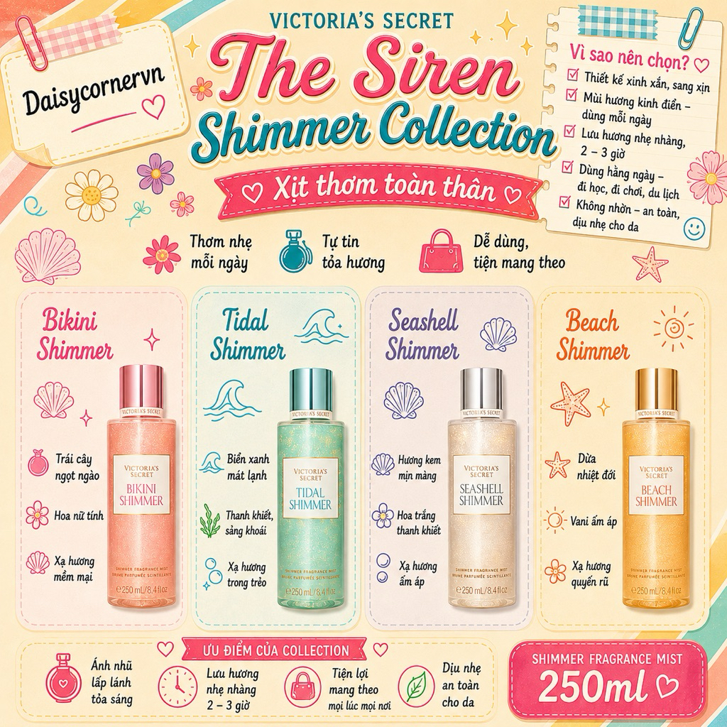 [🇺🇸Bill Mỹ] Có Nhũ - The Siren Shimmer - Xịt thơm Body Mist - Tidal Shimmer - Bikini Shimmer - Seash