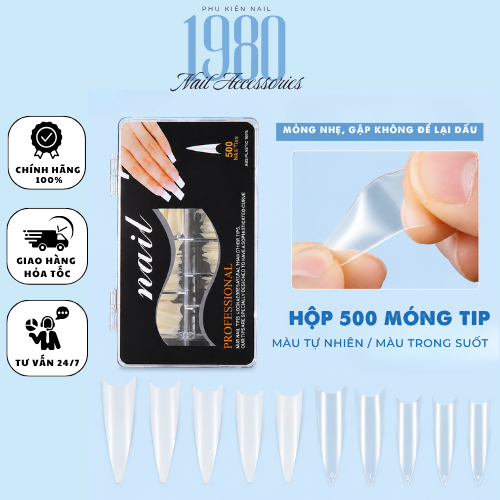 Hộp 500 Móng Tip Móng Nối Form Nhọn Dài | Tip Úp Full Cover Móng Giả Chuyên Nghiệp