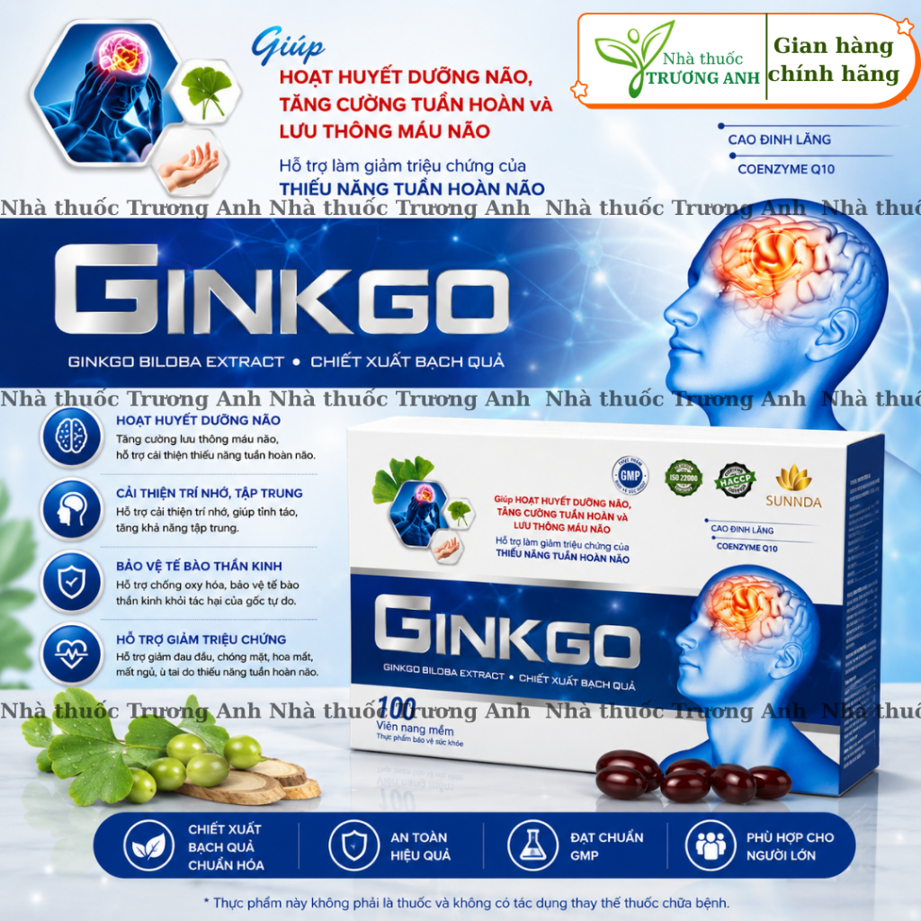 Viên Uống Ginkgo 600 Hỗ Trợ Tuần Hoàn Máu Não, Giảm Hoa Mắt, Tăng Cường Trí Nhớ, Bổ Não. Hộp 100 viê